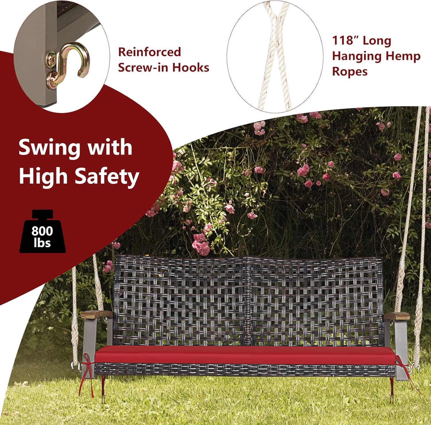 Tangkula 2 Person PE Wicker Porch Swing Bench, Outdoor Hanging Swing with Soft Seat Cushion and Hanging Ropes(Length of 118" for Each Chain), 800 LBS Weight Capacity
