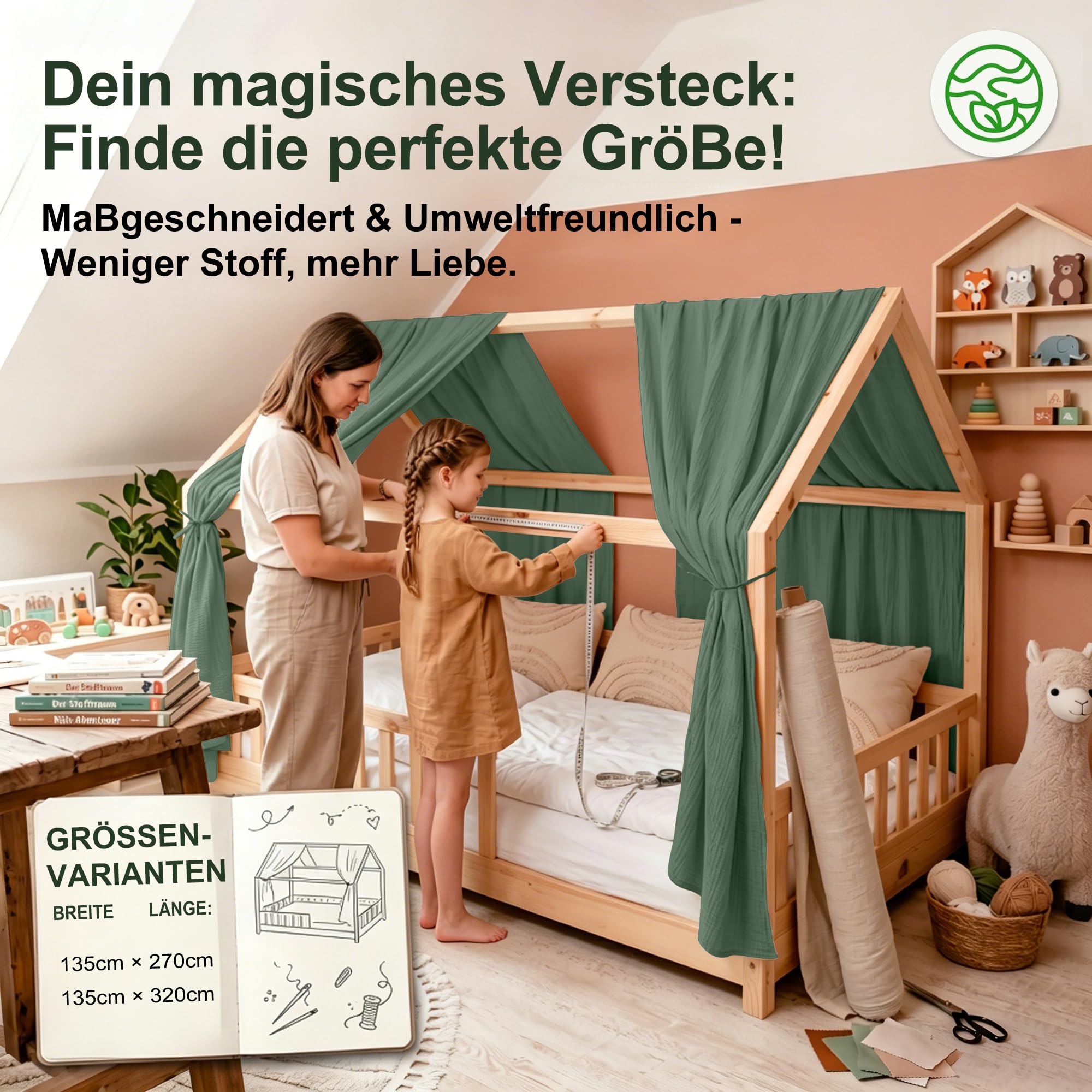 Dosel para cama infantil, dosel, cama infantil, juego de 2 unidades, 100% algodón, muselina, incluye banderines de 3 m (verde oscuro, 270 x 135 cm (alto x ancho x ancho) (2 unidades)