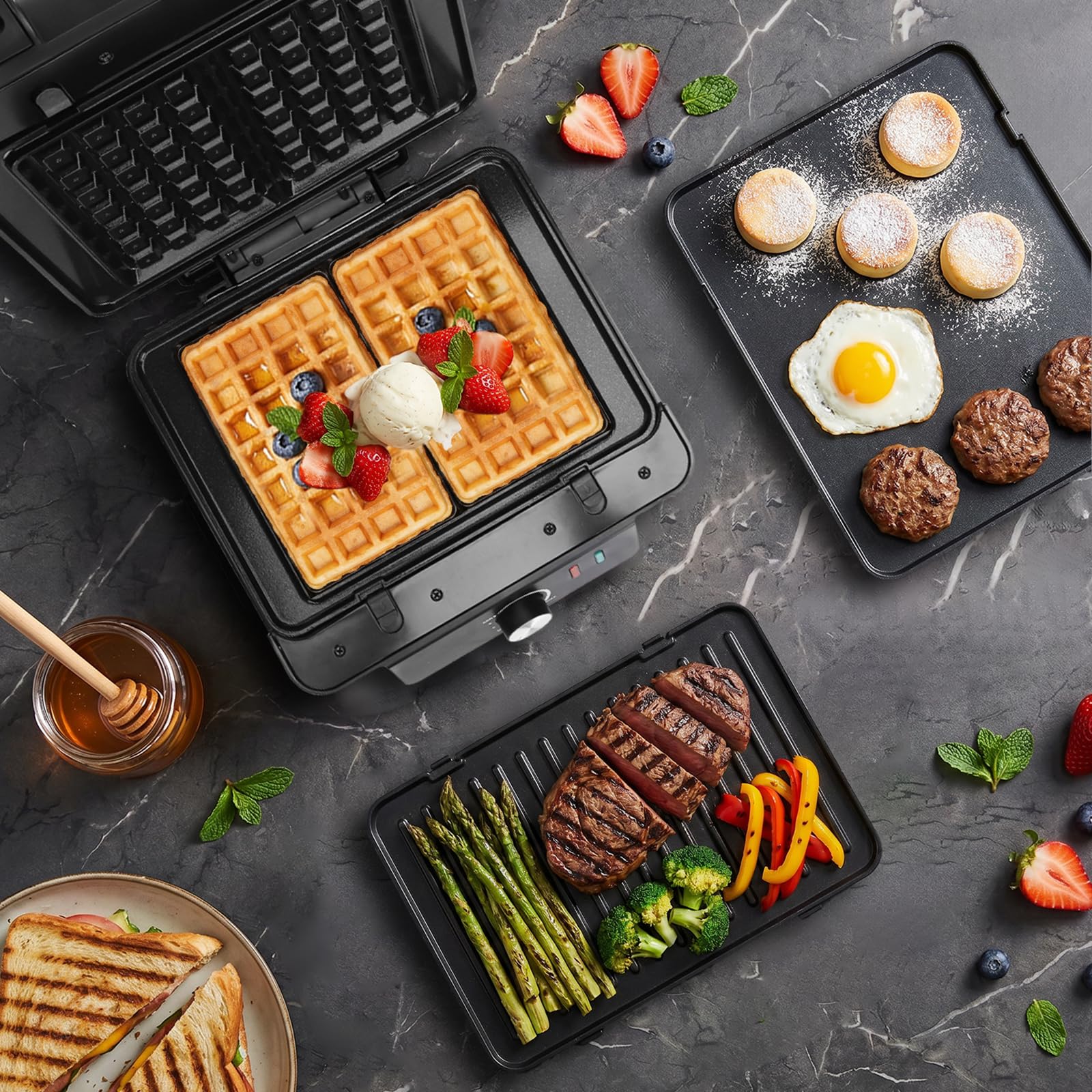 Aigostar Waffeleisen, Kontaktgrill & Sandwichmaker 3 in 1, XL, 1500 W | keramische Antihaftbeschichtung, einstellbare Temperatur, Multifunktionsgerät mit abnehmbaren Platten, BPA- und PFAS-frei
