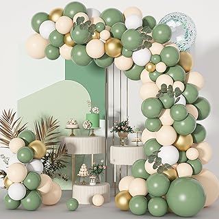 Sage Green Balloon Garland Arch Kit, 121 Pcs Olive Sage Green Balloons with Bobo Balloon of Blush White and Gold Balloons & Eucalyptus for Birthday Baby Shower Decorations Party Supplies