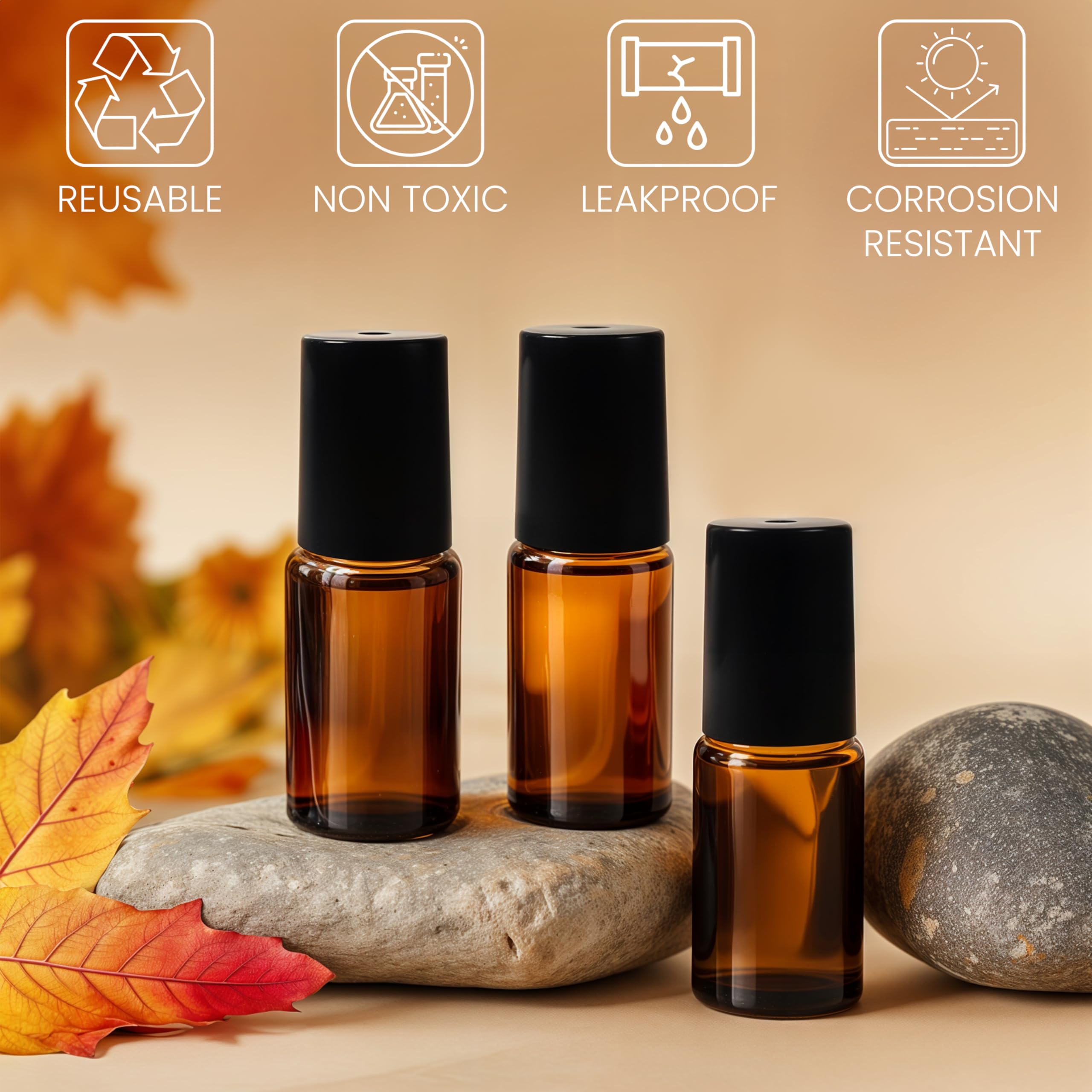BELLE VOUS Roll On Huiles Essentielles (Lot de 24) - Flacon en Verre Ambré de 3 ml - Flacons Vides Rechargeables avec Bille en Inox et Pipettes à Huile, Parfum et Aromathérapie