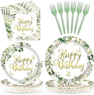 Grencian 96Pcs Sage Green Happy Birthday Party Decorations Retro Green Birthday Plates Eucalyptus and White Flower Paper Plate Disposable Sage Tableware for Baby Shower Party Favors Serves 24