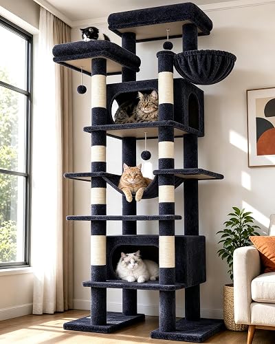 Globlazer Giant Tall Heavy Duty Cat Tower for Indoor Large Cats, F83B | XXL Multi-Level Large Cat Condo with 8 Scratching Posts, Hammock, 2 Cat Caves, 2 Platform, Dark Grey
