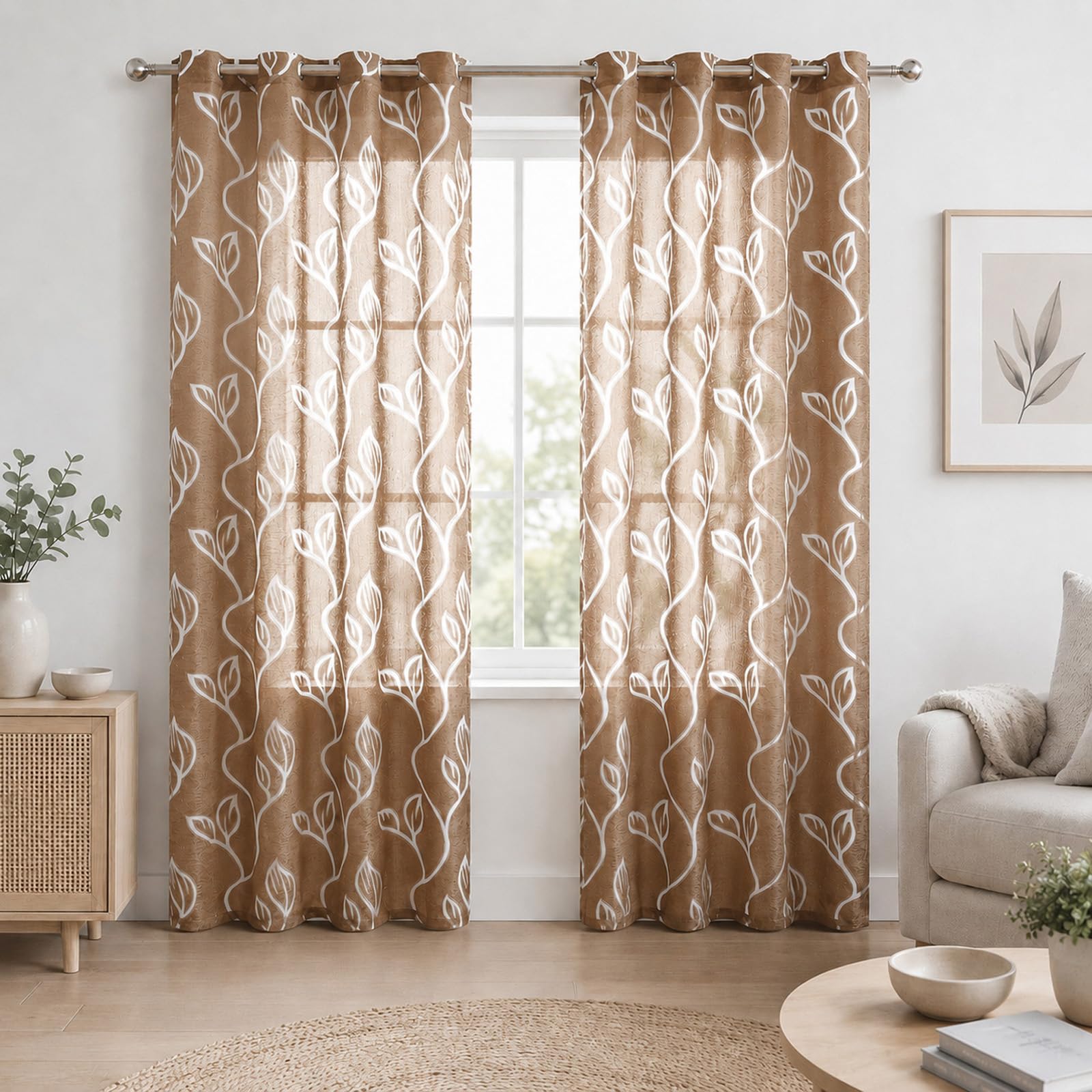 SSWH White Voile Curtains, 2 Panels Sheer Net Curtains Light Filtering Voile Panel with Leaf Pattern for Bedroom Living Room(Size:100x250cm/W 39" x L 98" (2 Panels),Color:Coffee)