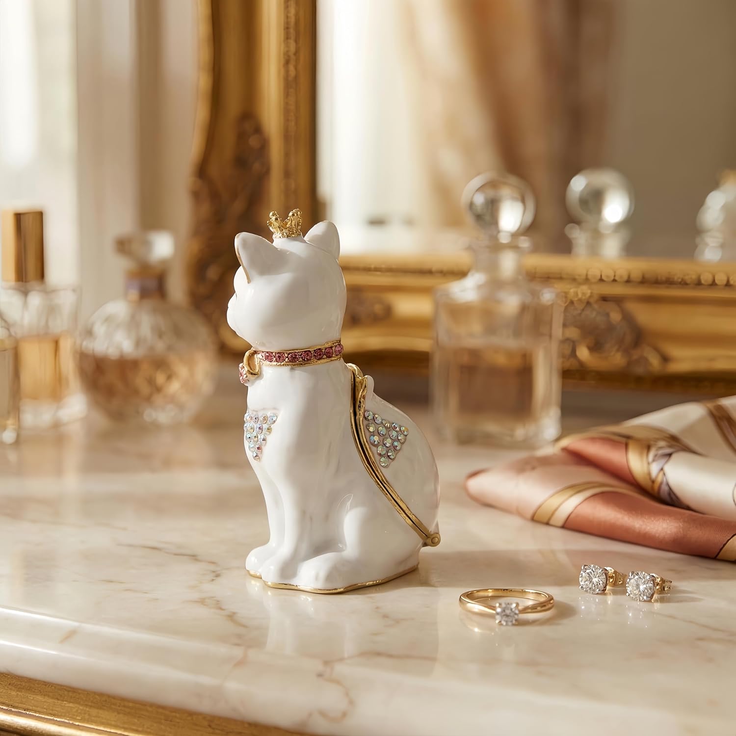 Luxury White Cat Trinket Box for Jewelry, Hand-Painted Enamel Box with Crystals, Rings, Earrings, Necklaces Storage, Cat Figurine Gift for Cat Lovers, Home Decor, Small Trinket Box