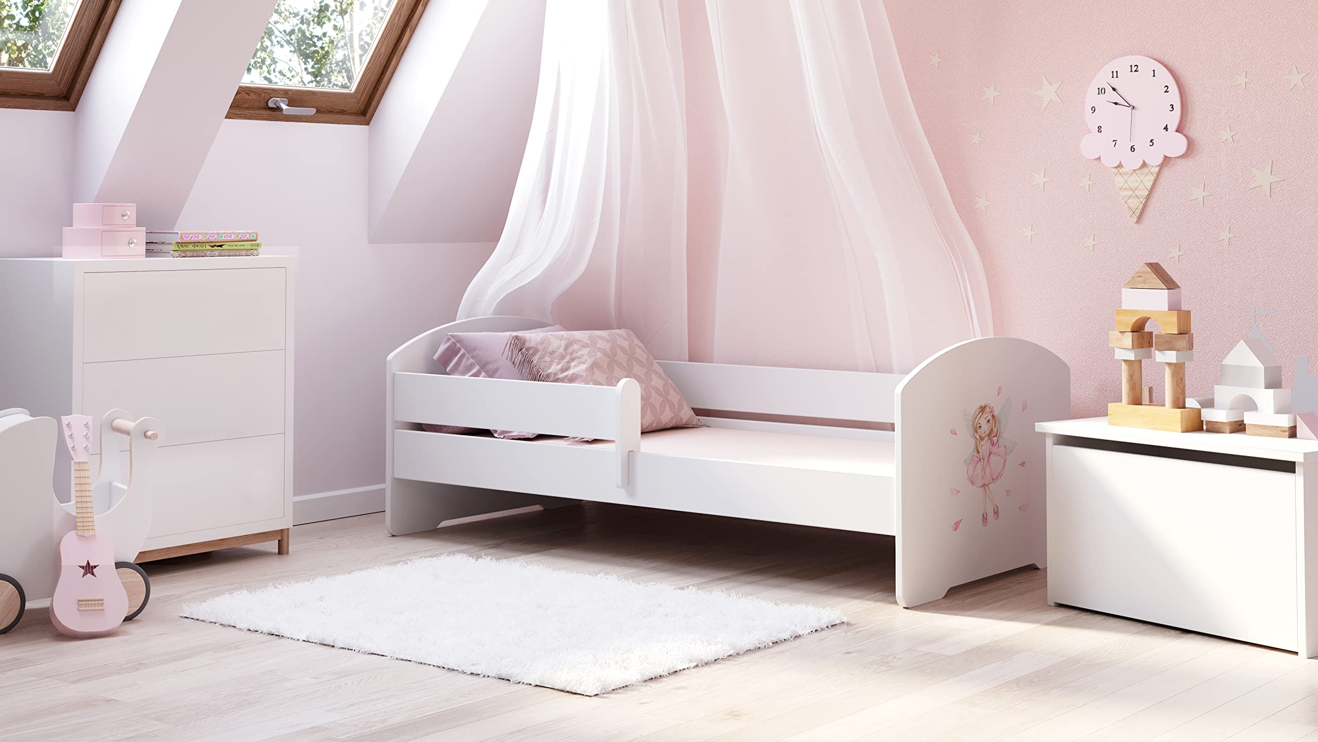 KOBI Cama infantil LUK Blanco | 160 x 80 cm | Cama infantil Camas infantiles | con colchón y marco | Habitación Bebe | Cama individual con barandilla