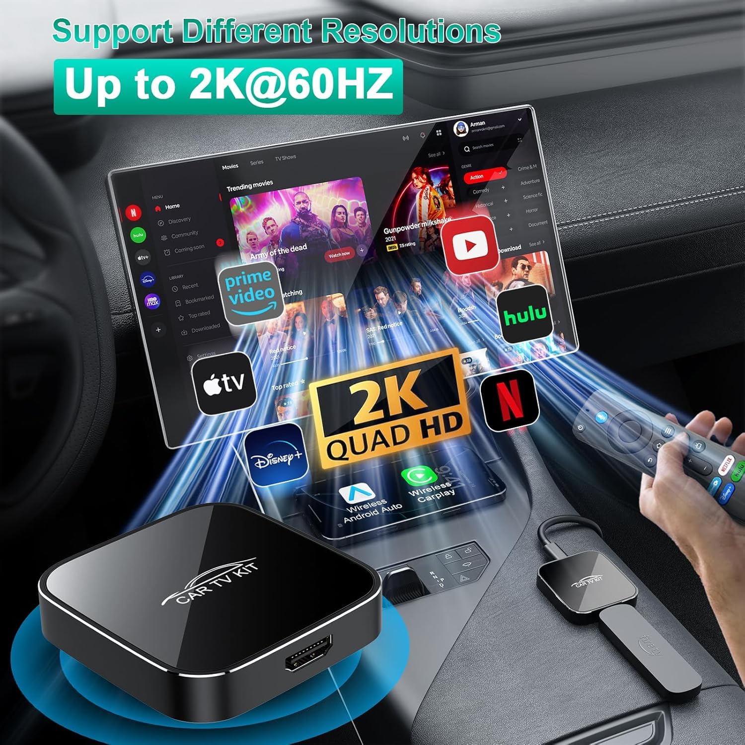 3 en 1 Car TV Mate Pro con Wireless CarPlay & Android Auto Adapter, Convertidor HDMI Multimedia TV Stick, Streaming de Fire T V/Consola/Youtube/Netflix en el Coche para CarPlay con Cable