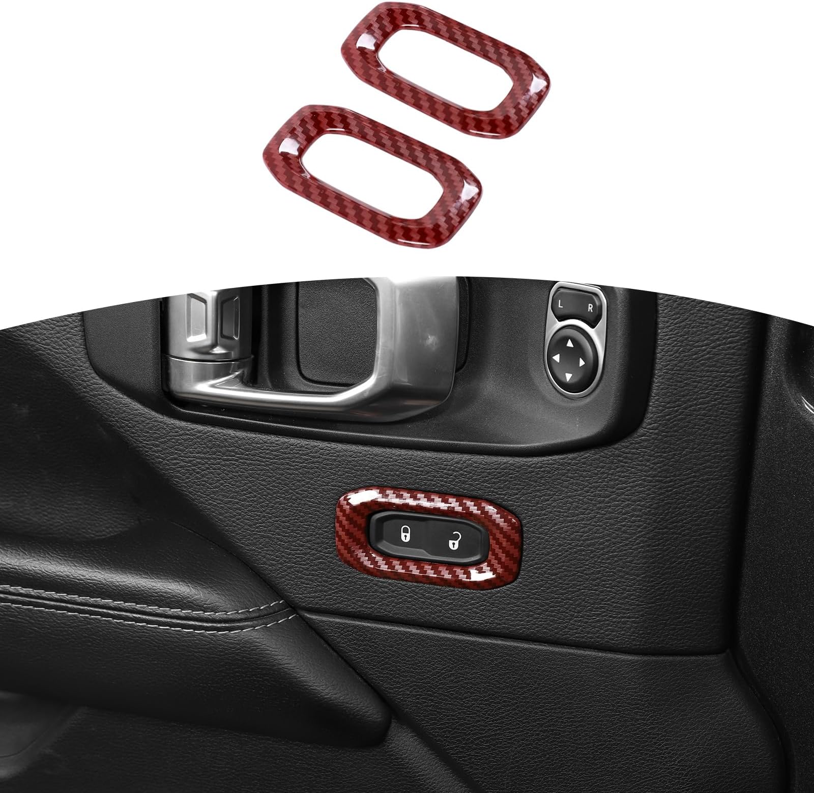 RT-TCZ for Wrangler JL Door Lock Switch Button Trim Cover Red Carbon Fiber for Jeep Wrangler JL JLU Gladiator JT 2018-2024 Red Carbon Fiber Interior Accessories 2pcs