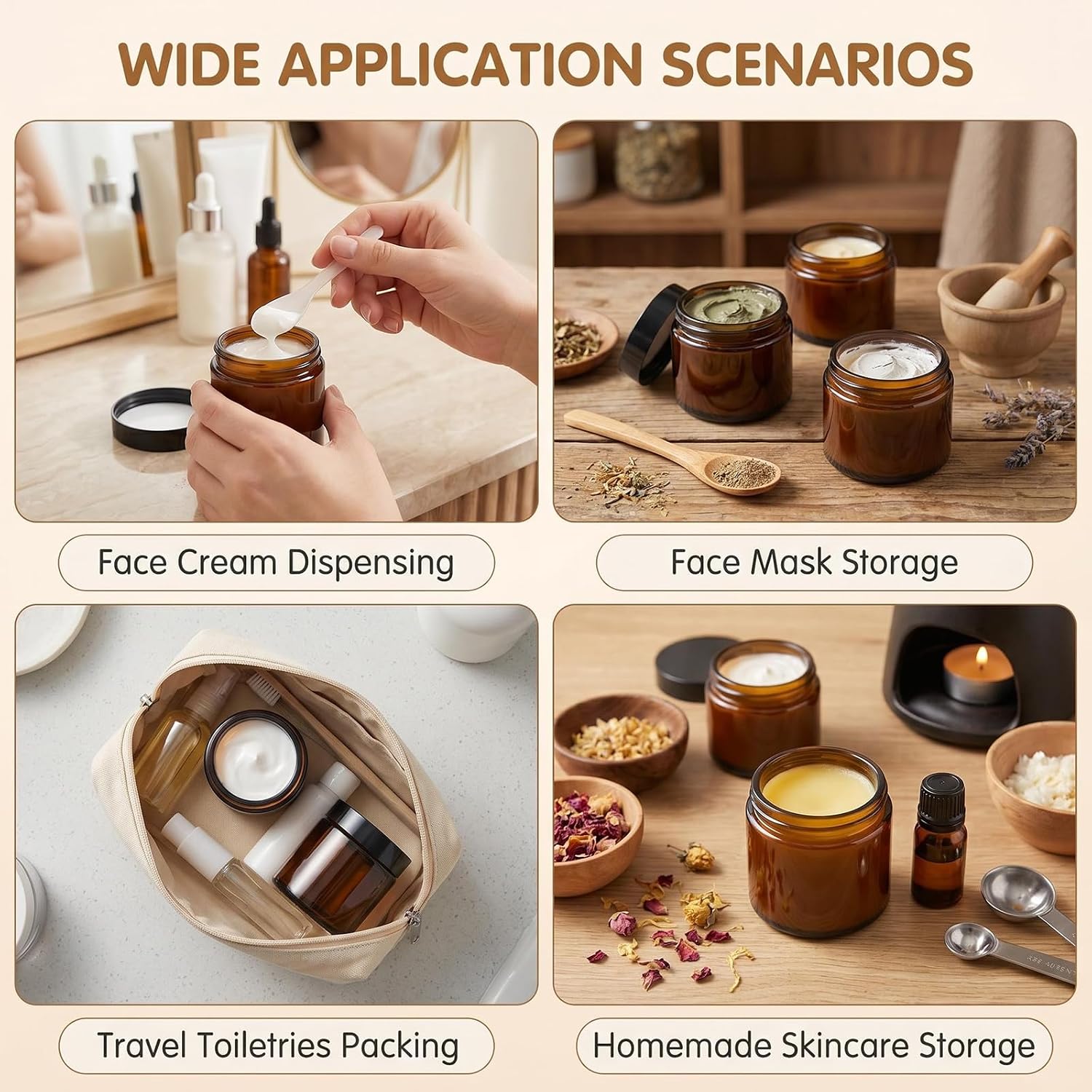 2 Pcs 3.4oz Travel Amber Glass Lotion Jars with Black Lid&Spatula