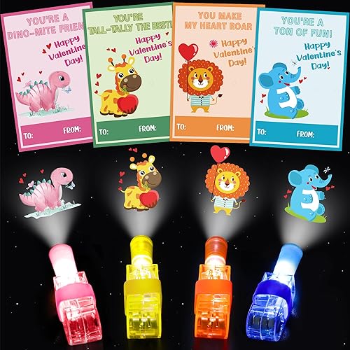 Paquete de 28 tarjetas de San Valentín para niños en el aula con luces de dedo, regalos del día de San Valentín para niños, juguetes iluminados,
