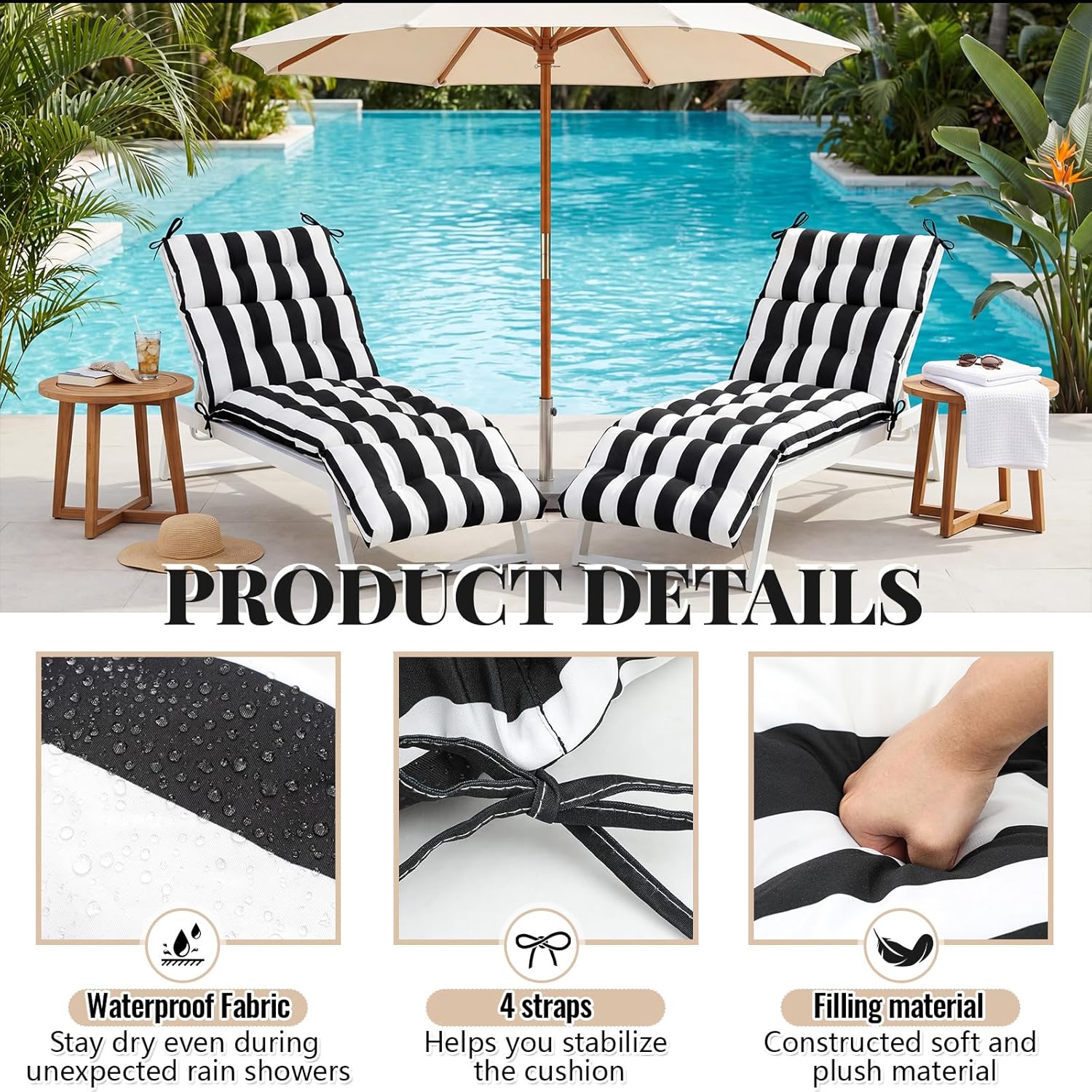 Kigley 2 Pcs Chaise Lounge Cushions 75 x 22 x 5 Inches Black White Stripes Soft Lounge Chair Cushion Spring Summer Seasonal Replacement for Outdoor Indoor Home Office
