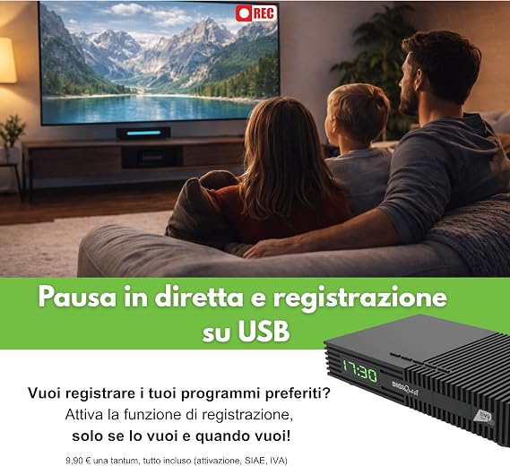 DIGIQUEST Tivùsat Ti9 DVB-S2 Decoder | Auto Installing | 2 in 1 Remote Control | Tivùsat Smart Card Included | HDR | Recording Function Activated | SOS Button