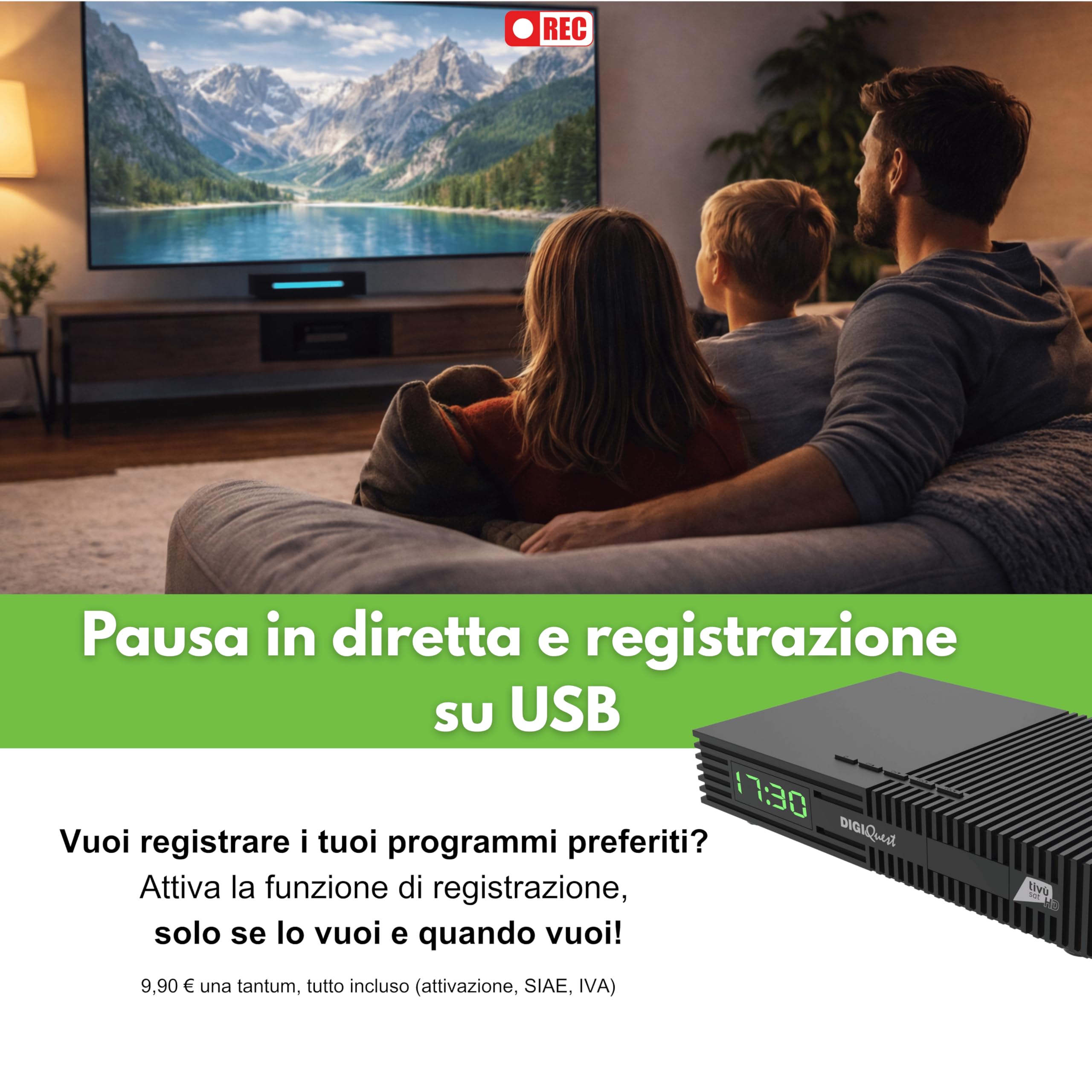 DIGIQUEST Decoder Tivùsat Ti9 con Smartcard Inclusa | Collega e guarda subito | Facile da installare | Telecomando 2in1 | Funzione di registrazione attivabile | DVB-S2 | HDR10/ HLG | Merlin