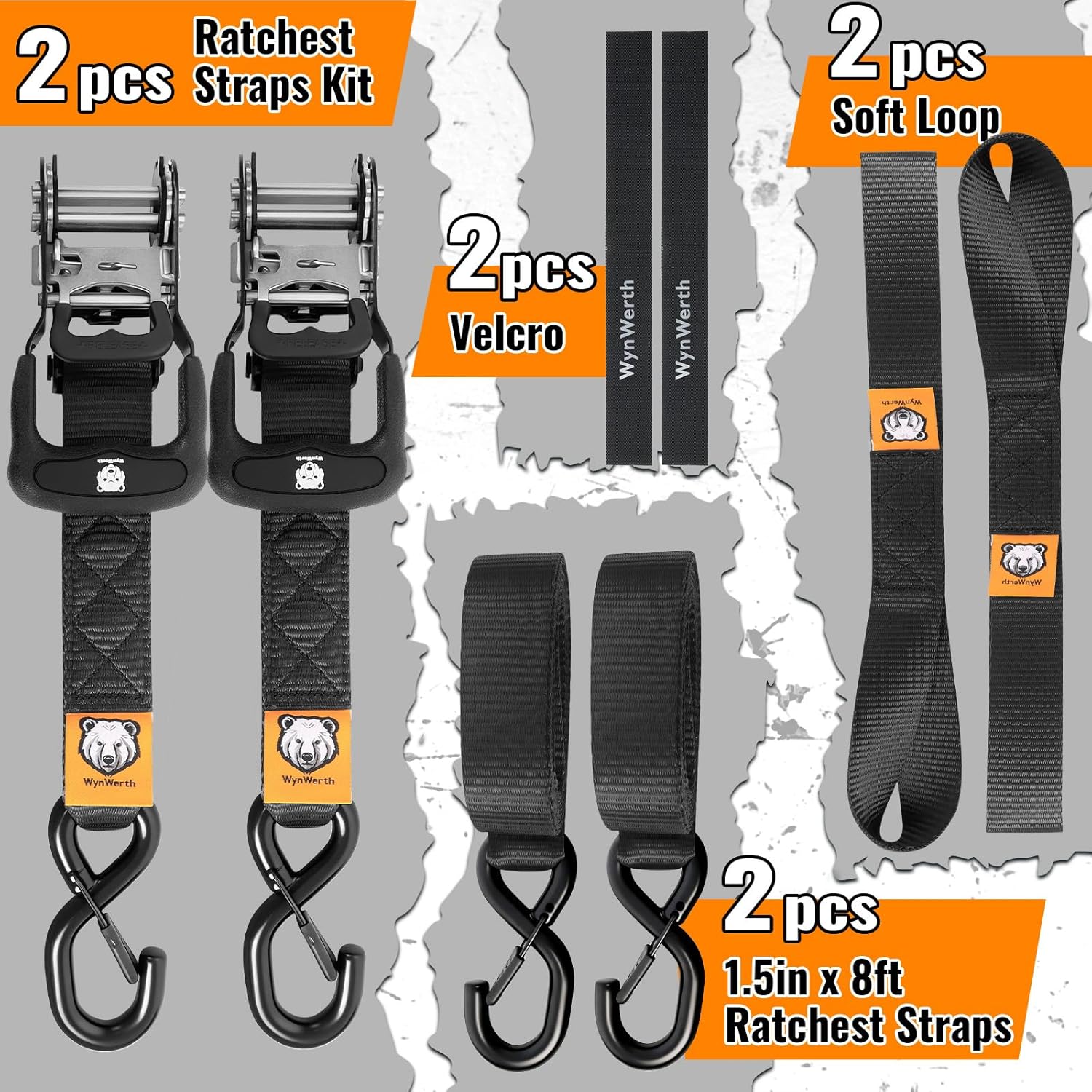 2 Pack Ratchet Straps,Heavy Duty Powersports Tie Downs Load Straps,5208lbs Break Strength 1.5in x 8ft with Safety S Hooks and Soft Loops for Motorcycle Truck Cargo Roof Rack,Break Strength, Black
