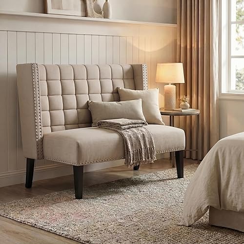 Vista 4 de Andeworld Sofá de dos plazas moderno, sofá de banquete tapizado para comedor, sala de estar, pasillo o entrada, funiture con patas de madera, masilla