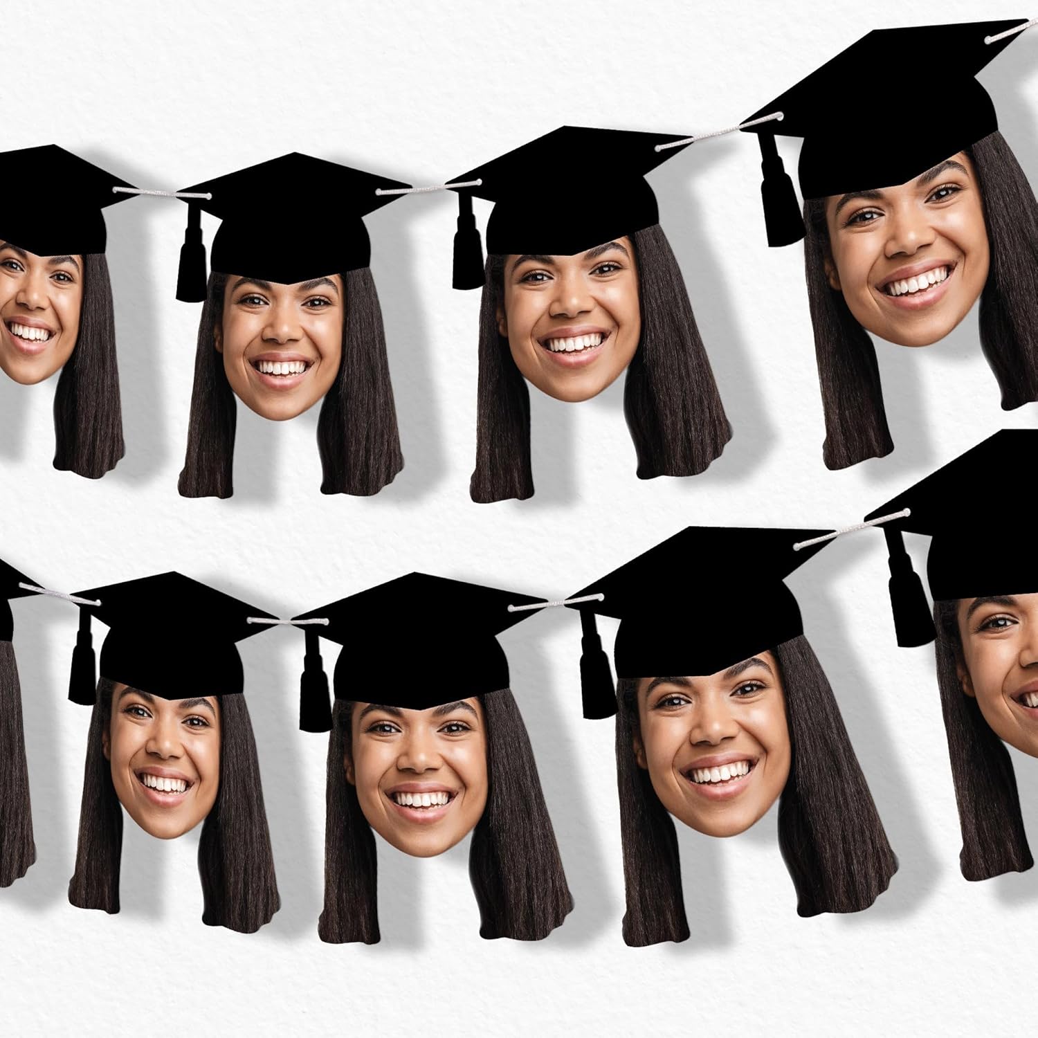 Big Dot of Happiness Custom Photo Graduation Garland Banner, Personalized Grad Party Decoration, Fun Face Cutout Banner, 30 Feet of Cord, 10 Faces with Grad Caps