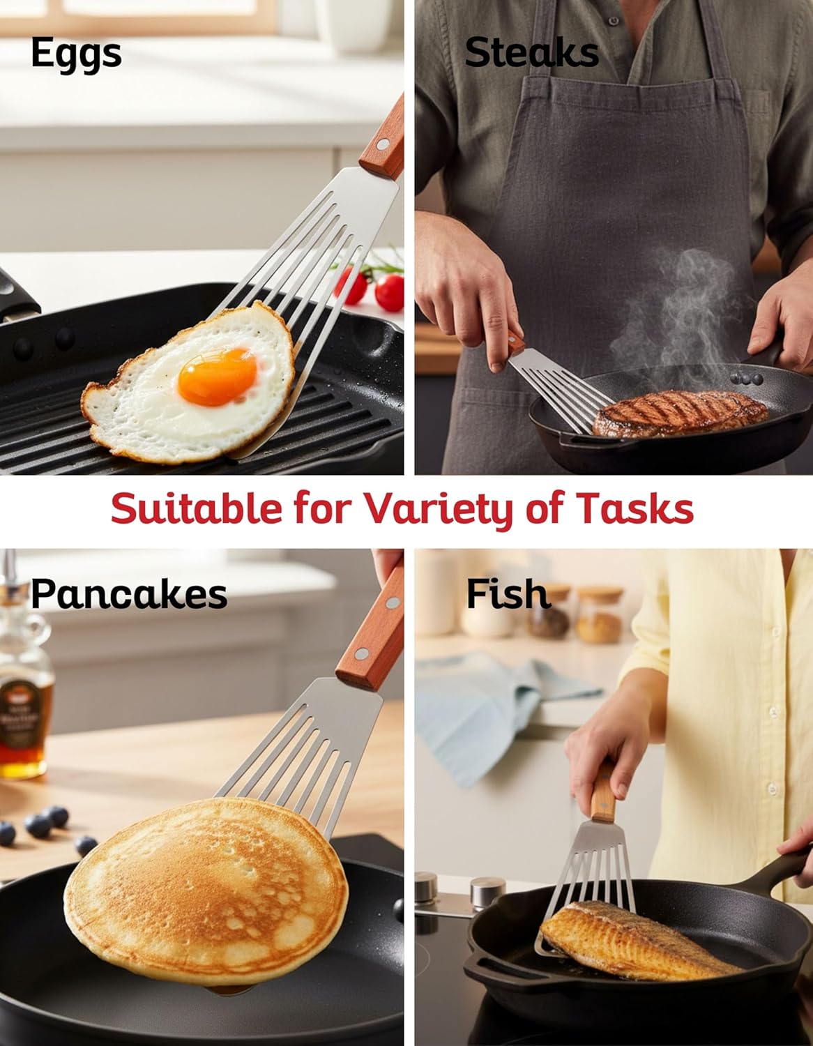 Nonstick Baking Sheet Pans & Fish Turner with Wooden Handle – 3-Piece Carbon Steel Baking Tray Set + Stainless Steel Slotted Spatula – Heavy-Duty Cookware for Baking, Frying & Grilling