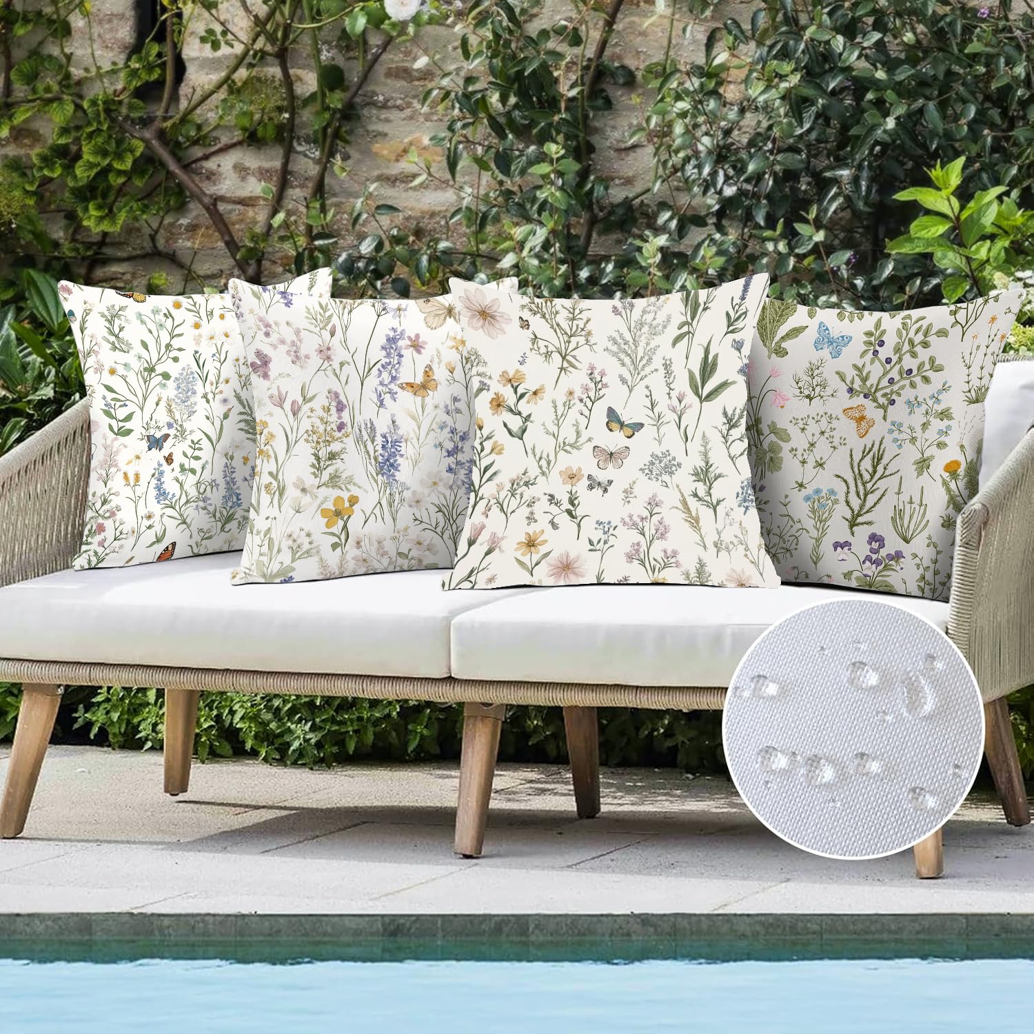 Sagielio Wildflowers Spring Throw Pillow Cover Waterproof 18x18 Set of 4 Sage Green Butterfly Floral Pillows Flowers Decorations Outdoor Pillowcase