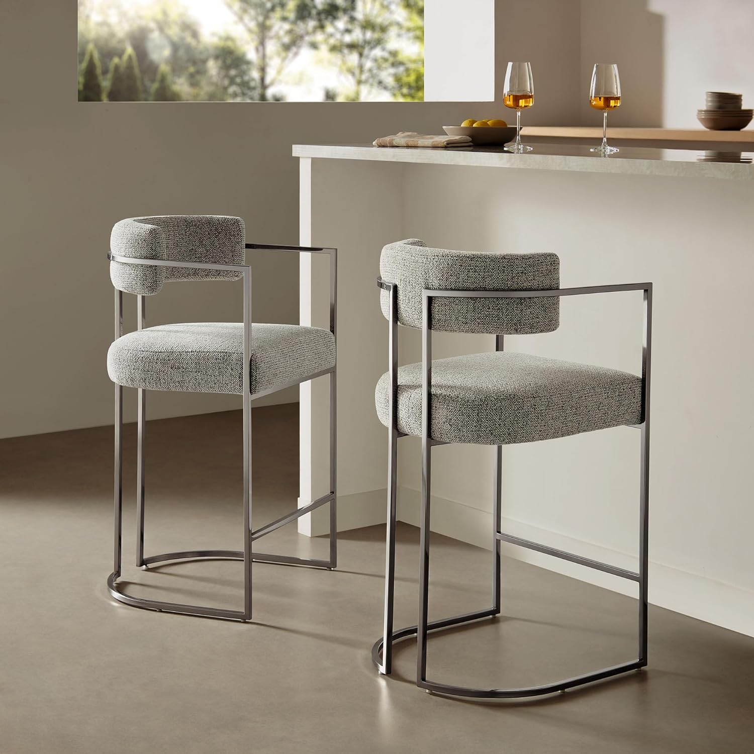 Modway Huron Modern Barrel Counter Stool with Sled Base in Silver Wheat