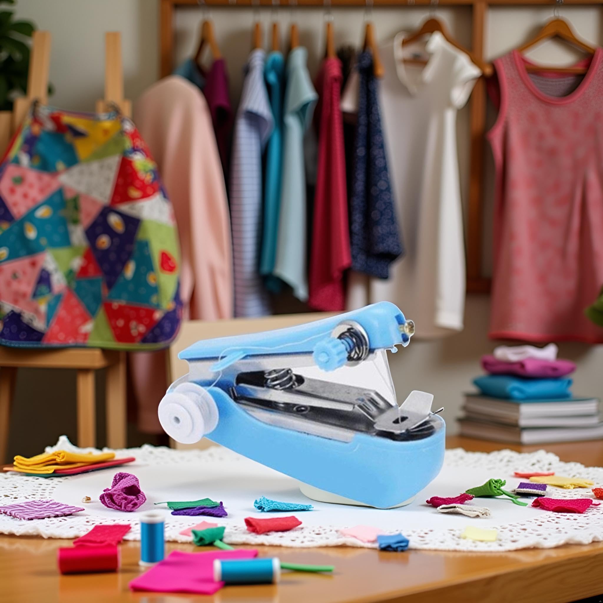 Máquina de coser de mano azul, mini máquinas de coser manuales portátiles Herramienta de costura práctica Mini máquina de alcantarillado Máquina de coser de mano Máquinas de bordar 7