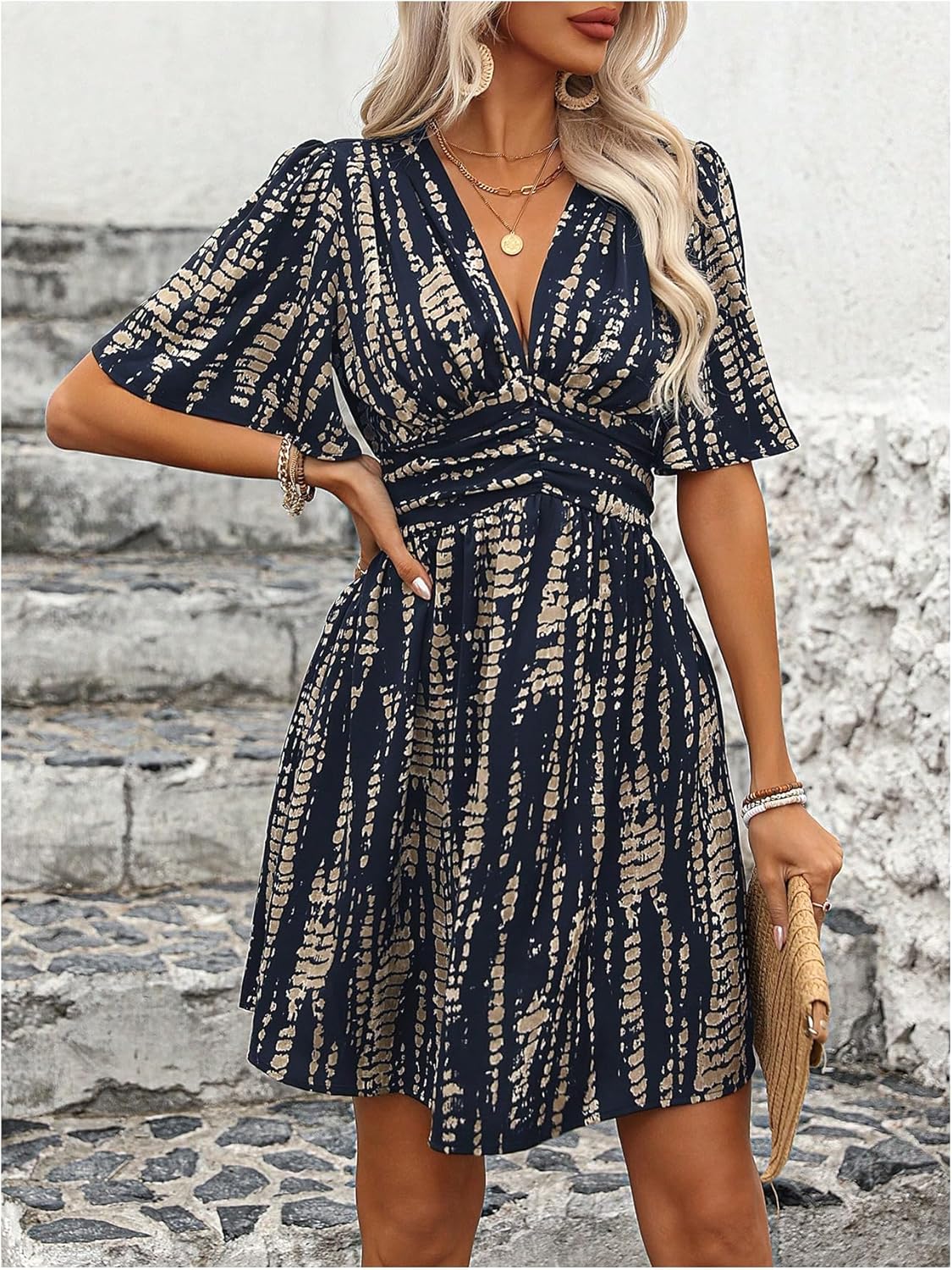 Floerns Women's Snakeskin Print V Neck Short Dress Flutter Sleeve A Line Flowy Dresses - Image 4