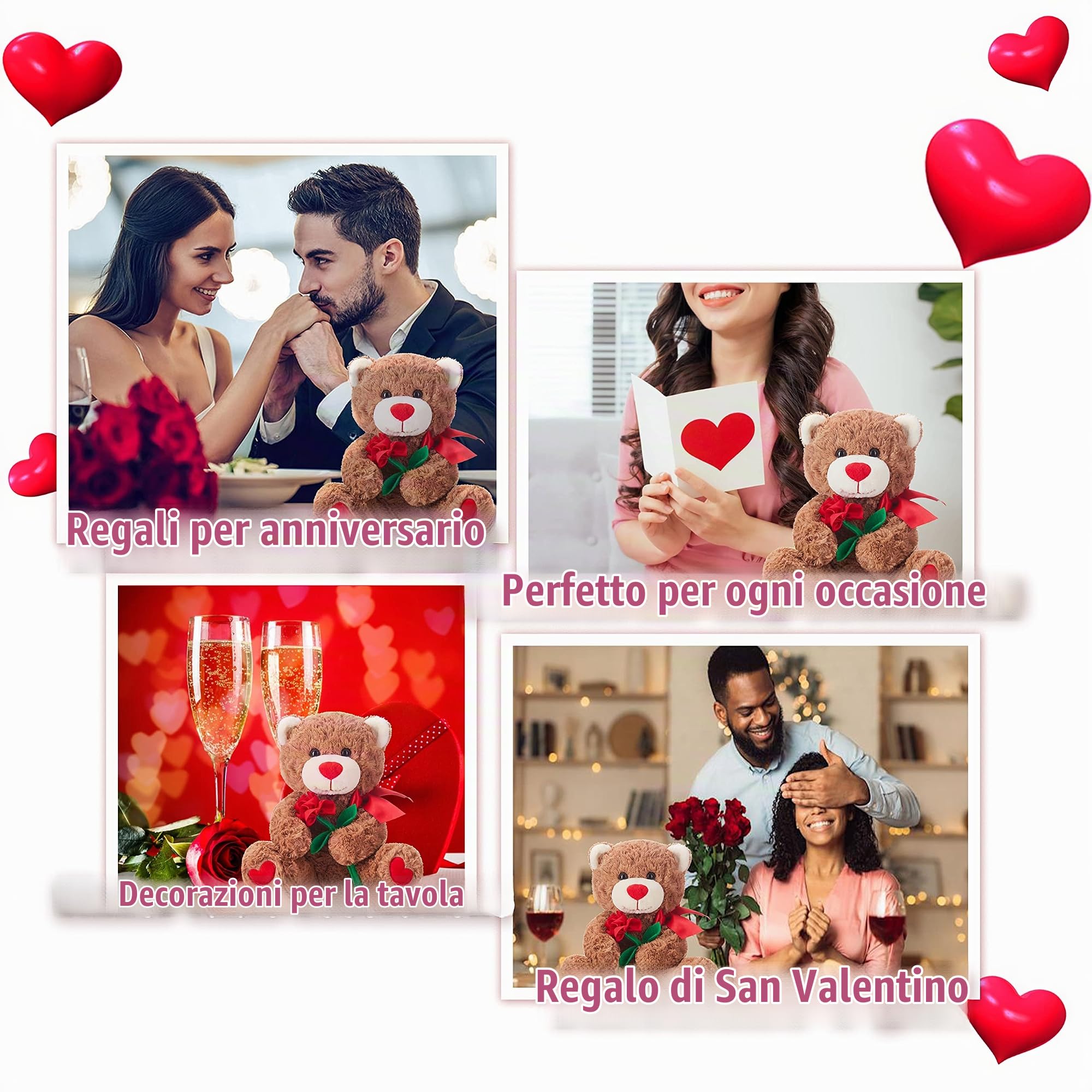IKASA Orso Animale Peluche Amore con Fiocco per San Valentino,Simpatico Peluche 27cm con Rosa Piccolo Giocattolo Morbido,Regali per La fidanzata