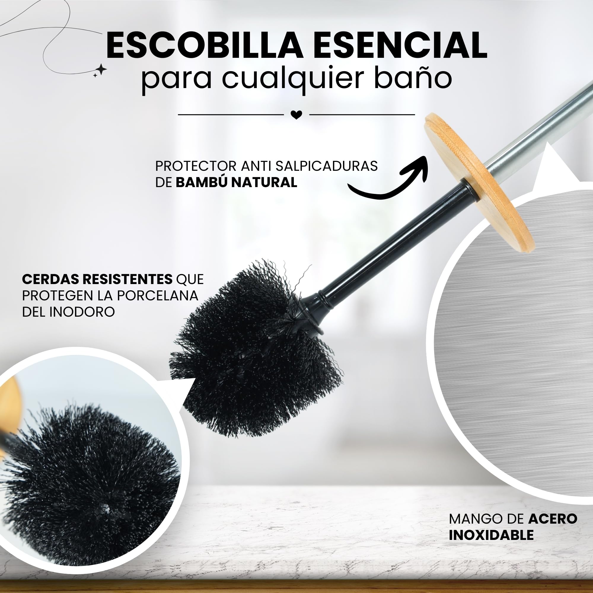 Juego Accesorios baño Negro y bambú, Incluye dispensador jabón, escobilla de baño y Porta Cepillo de Dientes - Kit Completo de 3 Piezas sin Taladro