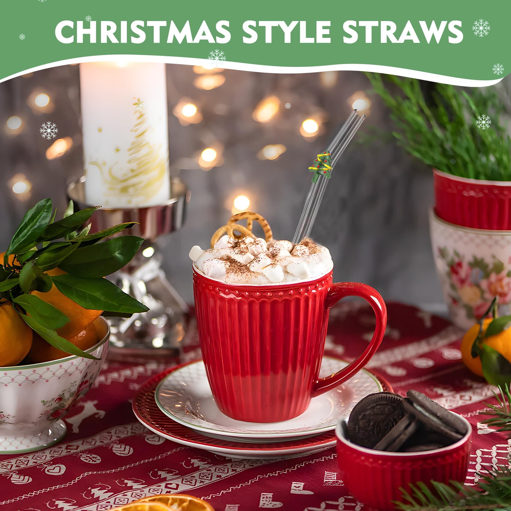 Set 4 Cannucce In Vetro Borosilicato Con Ciondoli Natalizi - Riutilizzabili, Infrangibili, Con Spazzola Di Pulizia