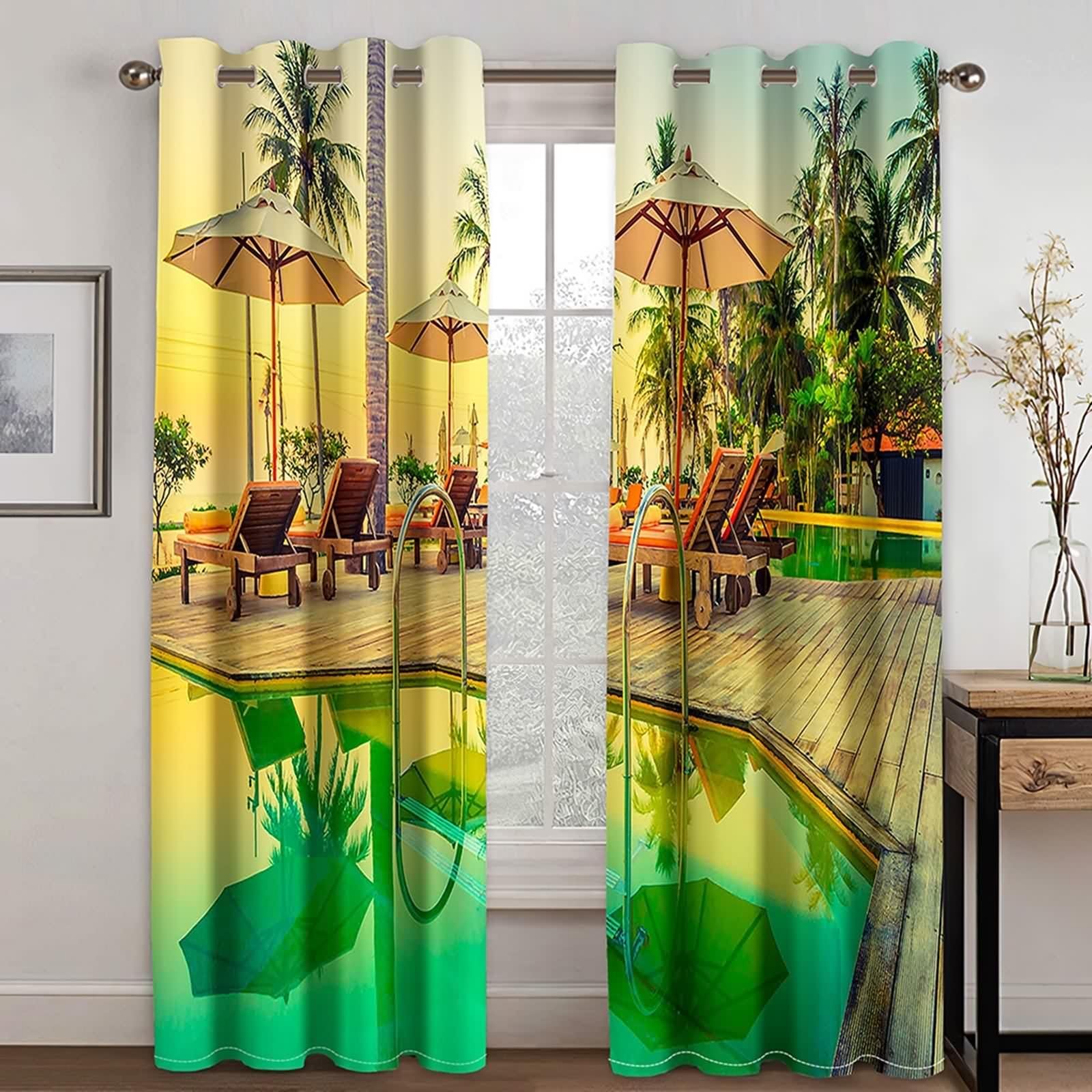 Zasłona okienna do sypialni, żółta zielona zasłona zaciemniająca do domu wakacyjnego i basenowego 132L x 229H CM Zestaw 2 szt