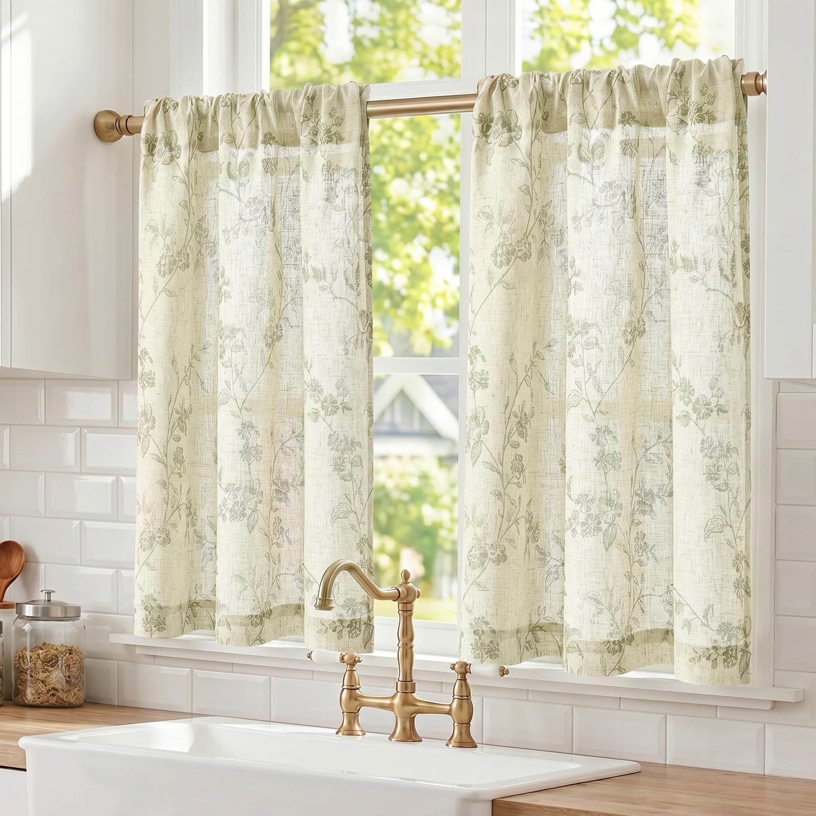 Lazzzy Green on Beige Linen Kitchen Curtains Rod Pocket 26W X 36L 2 Panels | Elisa Series, Botanical, Durable Fabric, Light Filtering, Cafe Curtains for Kitchen, Bathroom or small windows, Back tab