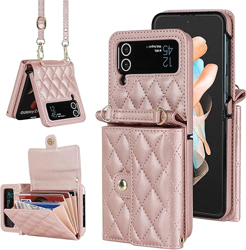 Funda para Samsung Galaxy Z Flip 4, monederos para teléfono con bandolera y correa de pulsera, funda de piel sintética con bloqueo RFID (oro rosa)