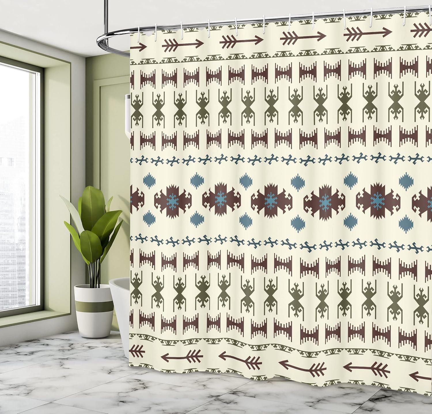 Ambesonne Tribal Shower Curtain, Pattern Inca Illustration Geometric Arrangement, Cloth Fabric Bathroom Decor Set with Hooks, 69" W x 70" L, Beige and Brown