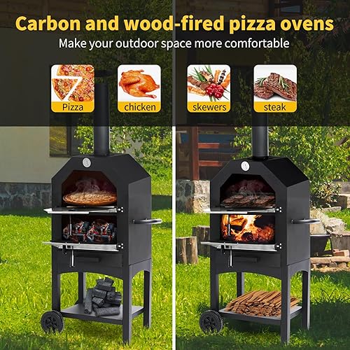 Miniatura 3 de Horno de pizza al aire libre, horno de pizza de leña con ruedas para exterior, máquina de pizza portátil con piedra, cáscara, cubierta y rejillas de