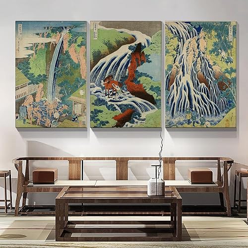 Miniatura 2 de Dimpoli Lienzo de pintura japonesa para decoración de pared, 3 piezas, 24 x 36 pulgadas, Katsushika Hokusai, paisaje, montañas, figuras, cascadas,