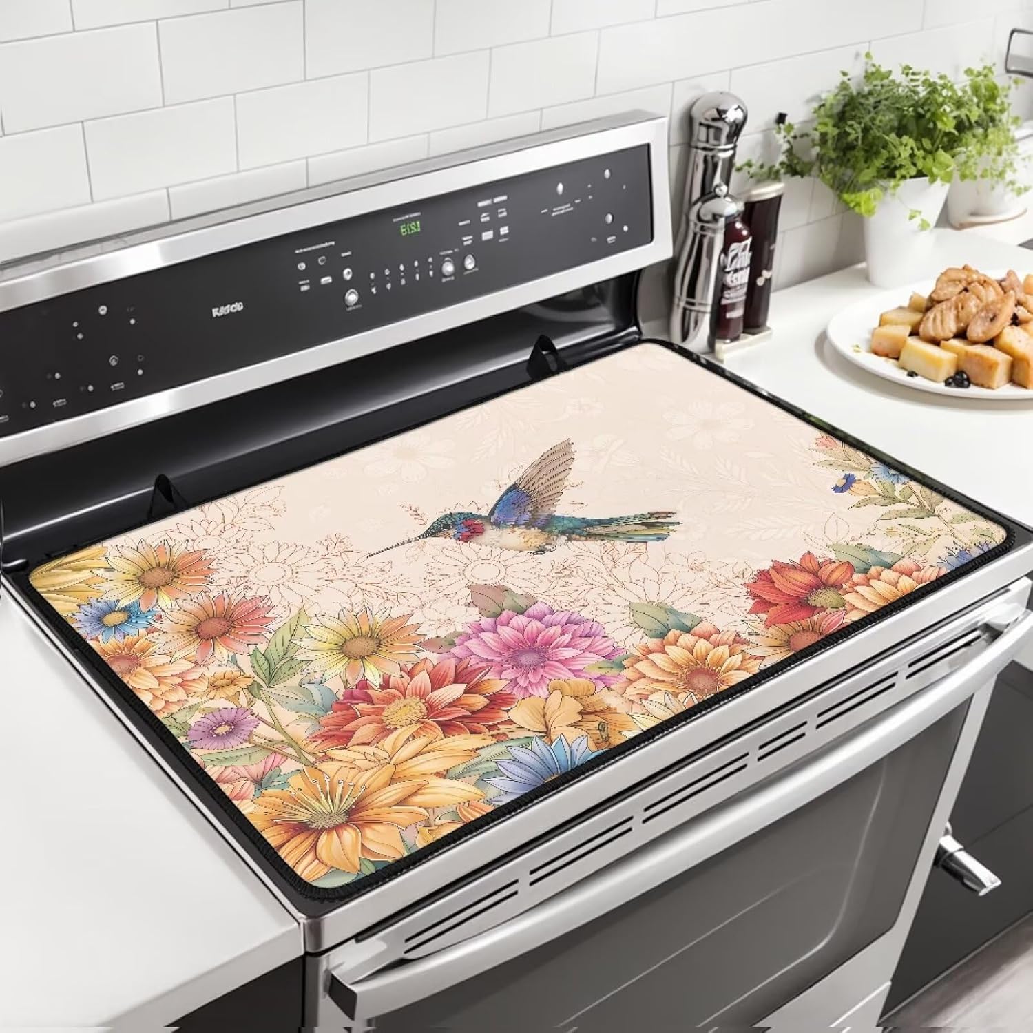 Hummingbird Daisy Pattern Electric Stove Top Covers, Heat Resistant No Crease Ceramic Glass, Induction, Cook Top, Flat RV Range Covers Protector, Dish Drying Mat for Kitchen Appliances