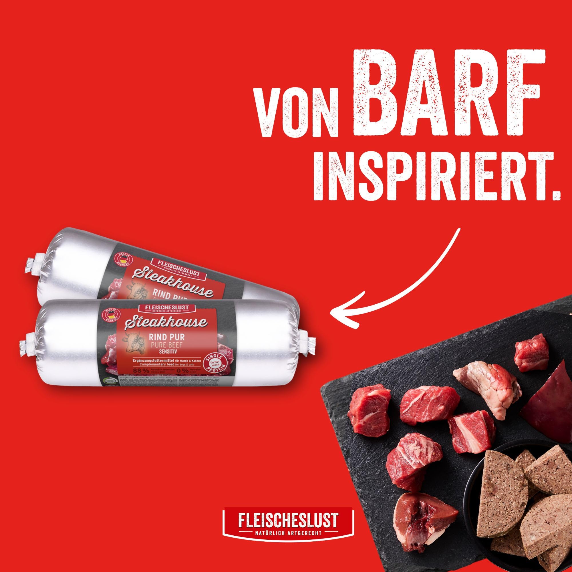 Steakhouse Rind pur (12x500g), Nassfutter für Hunde & Katzen, sensitives Ergänzungsfutter, Monoprotein, getreidefrei, 14x Wurst von Fleischeslust