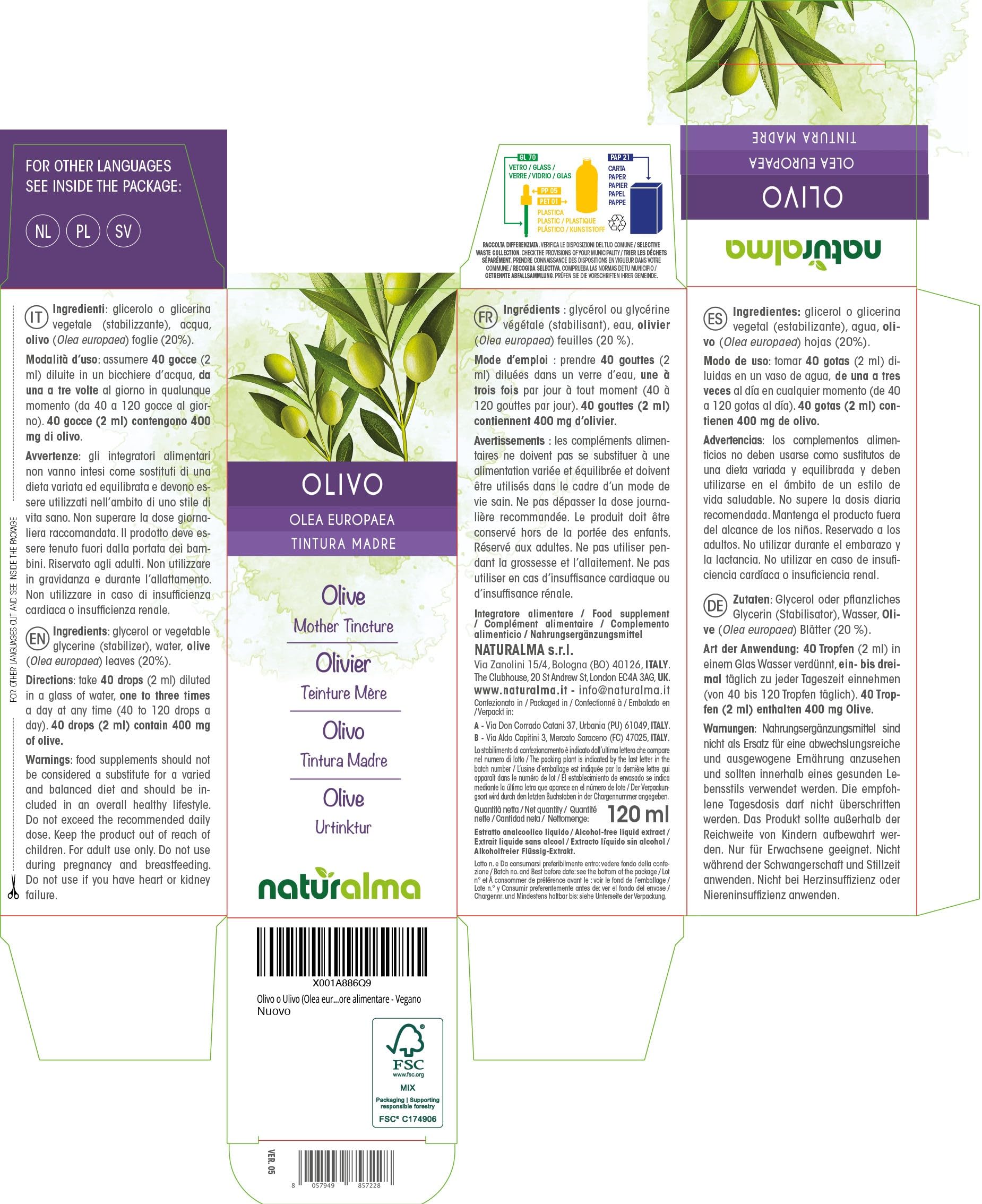 Olivier (Olea europaea) feuilles Teinture Mère sans alcool Naturalma - Extrait liquide gouttes 120 ml - Complément alimentaire - Végétalien ou végan