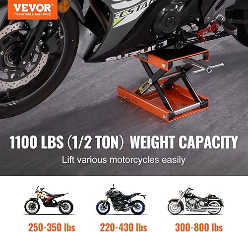 Miniatura 21 de VEVOR Elevador de motocicleta, 1100 libras, centro de motocicleta, gato de elevación de tijera con sillín y pasador de seguridad, soporte