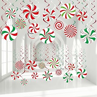 Funrous 54 Pcs Christmas Peppermint Candy Hanging Decorations Christmas Candies Ceiling Hanging Swirls Xmas Party Ceiling Whirl Streamers for Xmas Holiday Party Decor(Red White Green)
