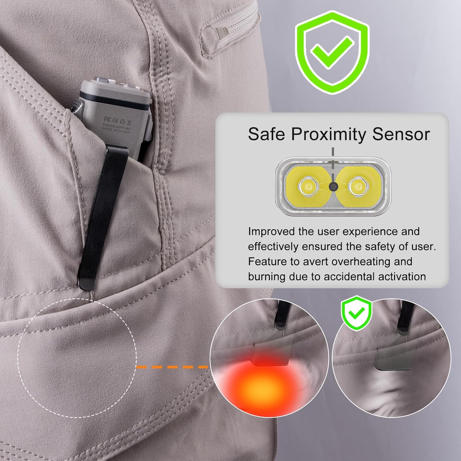 RovyVon E30 flashlight with proximity sensor detecting an object, reducing brightness