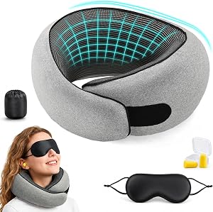 Memory Foam Travel Neck Pillow, Ergonomic Cervical Support Pillow, Removable Washable Cover Neck Pillow for Airplane Car Road Trip Office Naps Camping (Grey)