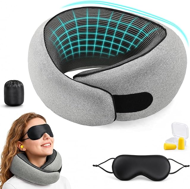 Memory Foam Travel Neck Pillow, Ergonomic Cervical Support Pillow, Removable Washable Cover Neck Pillow for Airplane Car Road Trip Office Naps Camping (Grey)