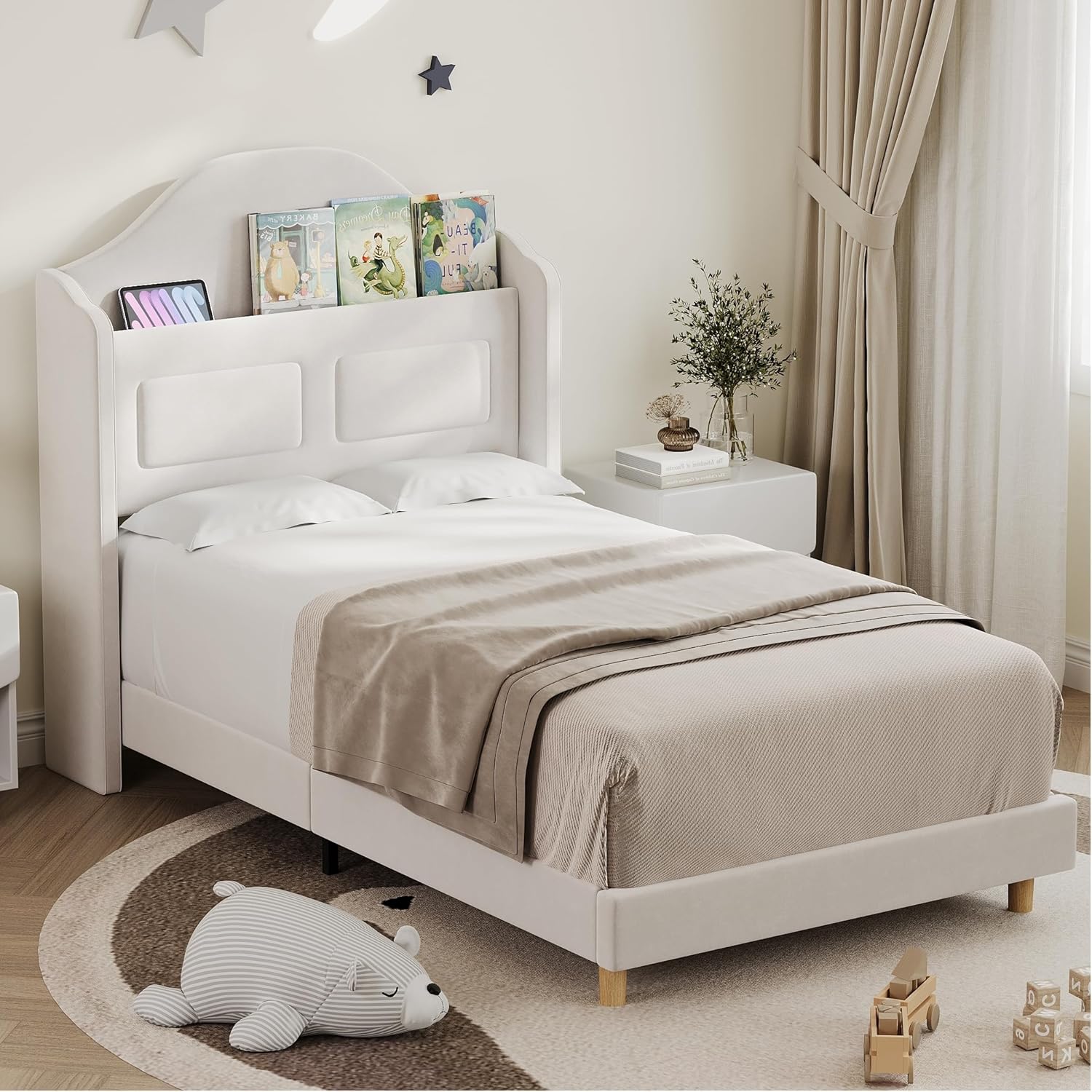 GarveeHome Twin Bed Frame for Kids, Upholstered Velvet Princess Platform Bed for Boys/Girls with Wingback, Bookcase Headboard & LED Lights, No Box Spring Needed, Noise-Free, Easy Assembly, Beige