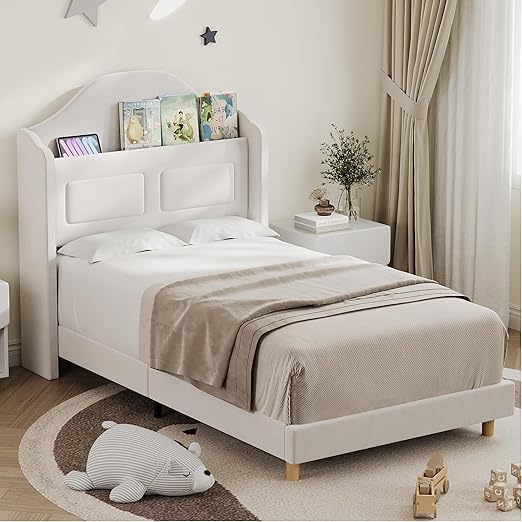 GarveeHome Twin Bed Frame for Kids, Upholstered Velvet Princess Platform Bed for Boys/Girls with Wingback, Bookcase Headboard & LED Lights, No Box Spring Needed, Noise-Free, Easy Assembly, Beige