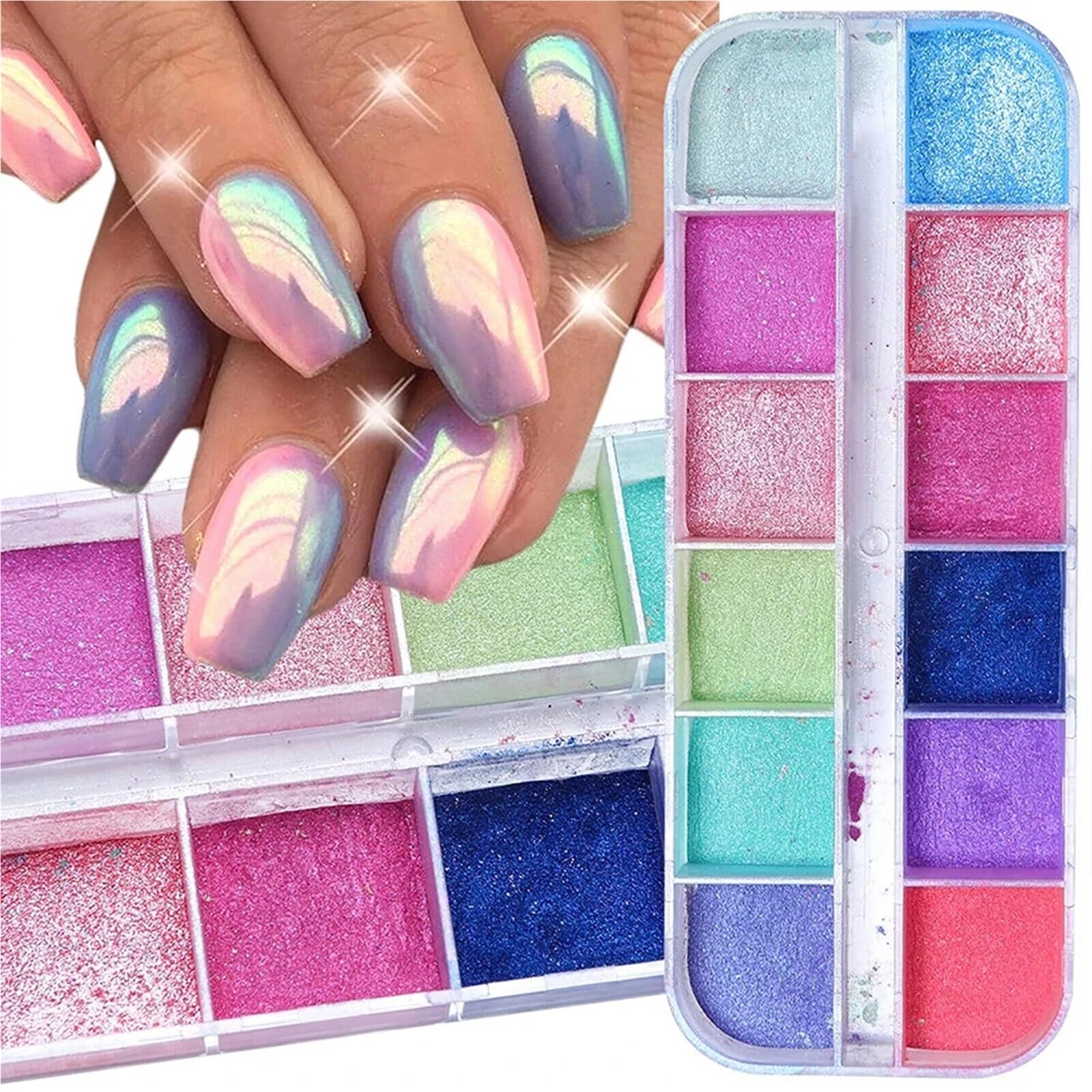 Polvere cromata unghie 12 Griglie Aurora Sirena Perla Shimmer Specchio effetto cromato Polvere for unghie per Manicure