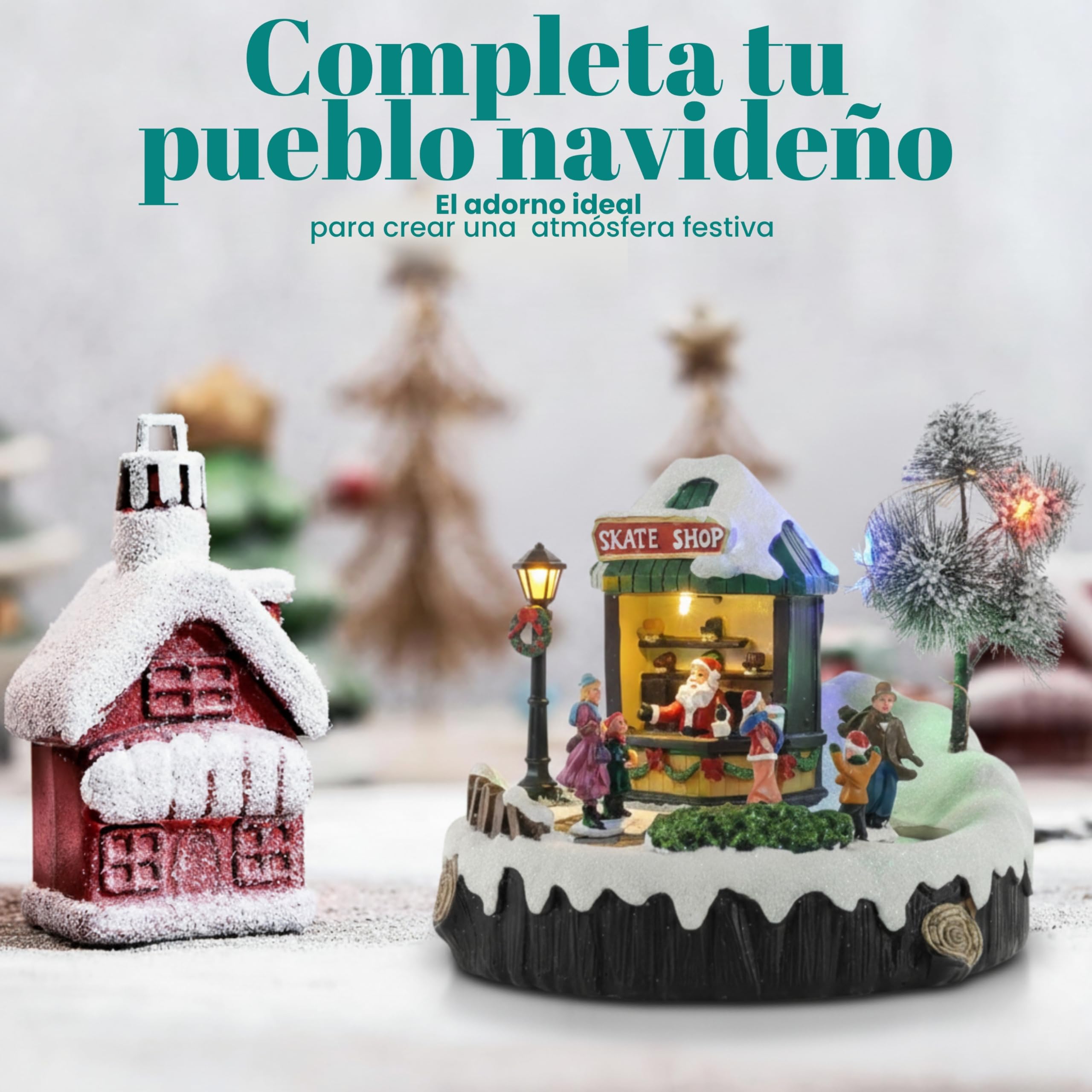 Tin Dreams | Pista de Hielo Navidad con Música, Movimiento y Luces | Escena Navideña Animada con Patinadores | Casita Iluminada para Pueblo, Villa, Aldea Navideña | Decoración Festiva Hogar