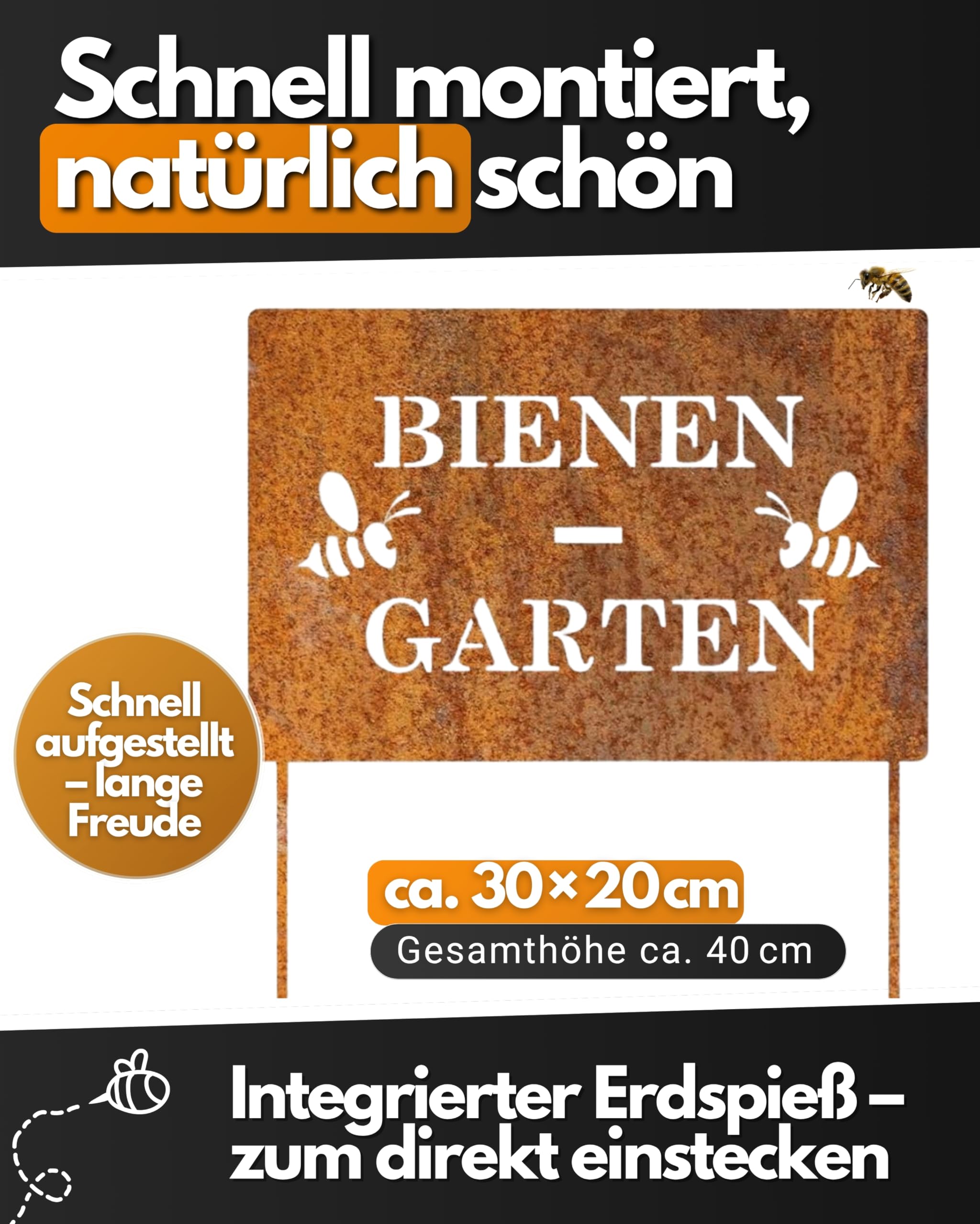 Feuerfest 123 GmbH Deko-Schild Bienen-Garten I 30x20 cm I Stilvoller Gartenstecker aus robustem 1 mm Cortenstahl I Hochwertige Edelrost-Gartendeko I Langlebiges Garten-Schild aus präziser Handarbeit