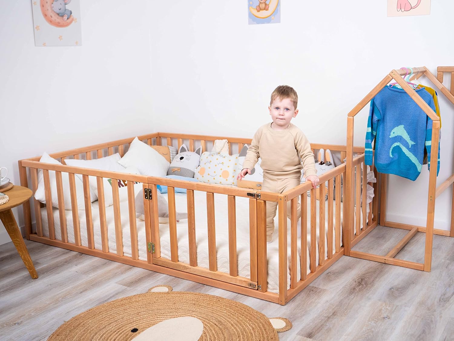 BUSY WOOD Twin House Bed with Rails, Playpen Furniture for Children, Toddler eco Room, Twin Size, Natural Color (Model 6.2)