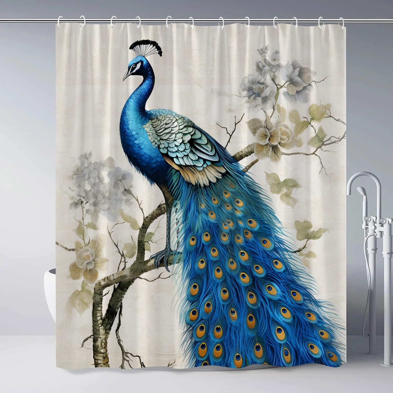 Blue Peacock Shower Curtain Asian Beautiful Bird Wild Animals Peacock Feather Wildlife Chinese Style Vintage Machine Washable Fabric Bathroom Decor Set with Hooks 90Wx70H Inch