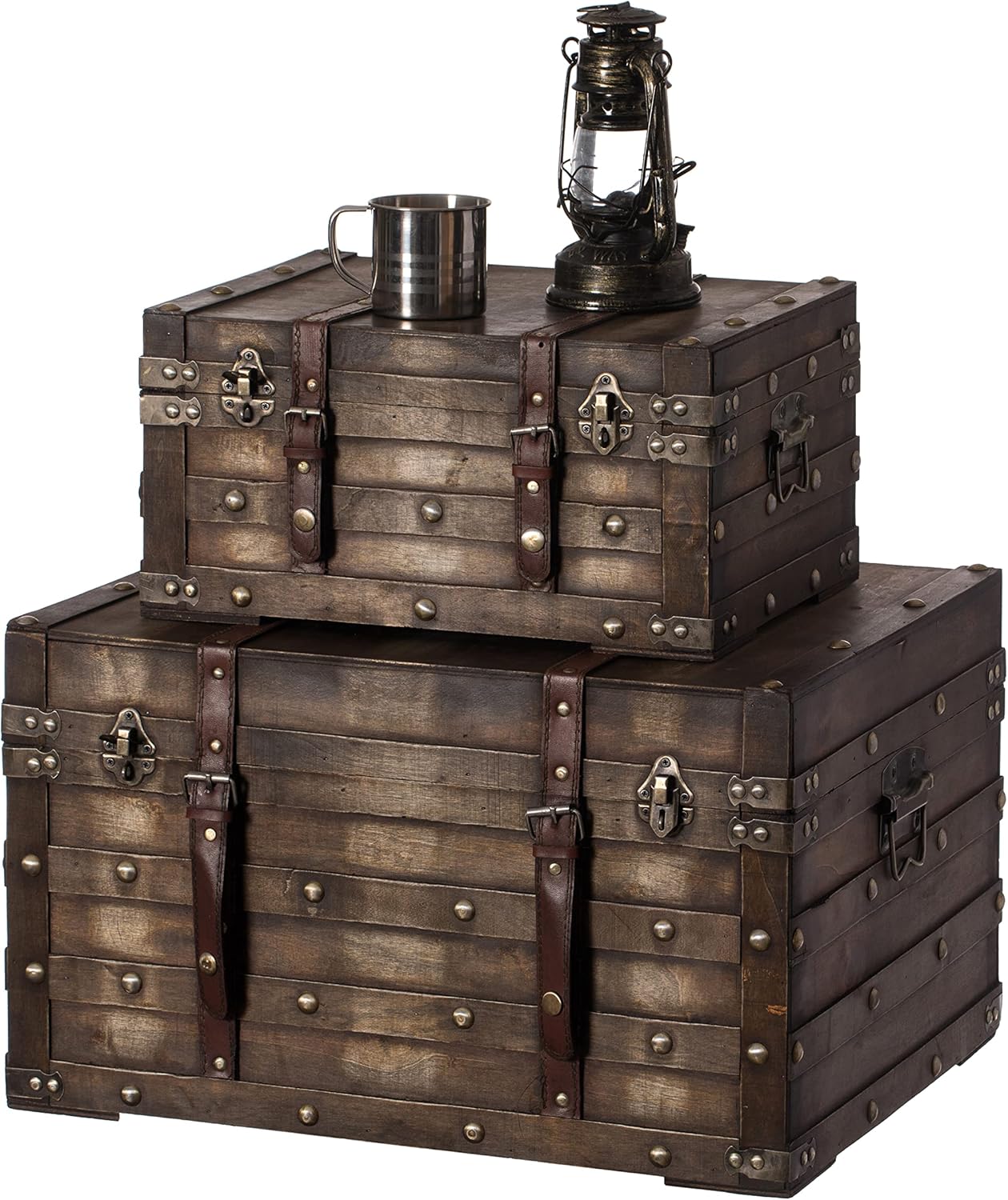 Vintiquewise Wooden Brown Storage Trunk with Faux Leather Straps and Handles (Small) (QI004334.S) : Home & Kitchen